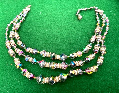 Triple Strand Pearl And Iridescent Crystal Bead Necklac Gem