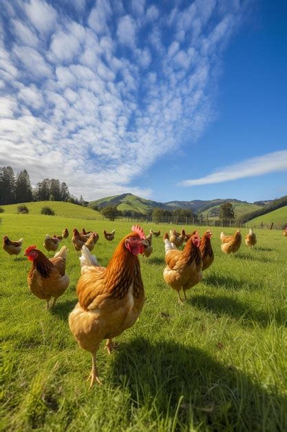 Pollos En Un Pasto Verde Con Un Cielo Azul Y Nubes Foto Premium