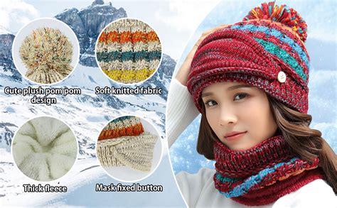 Womens Fleece Lined Beanie Winter Hat Scarf Mask Set With Pompom Knit