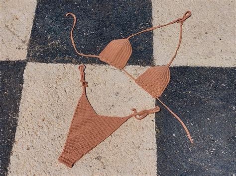 Minimalism Beige Tanga High Cut Crochet Bikini Set Etsy