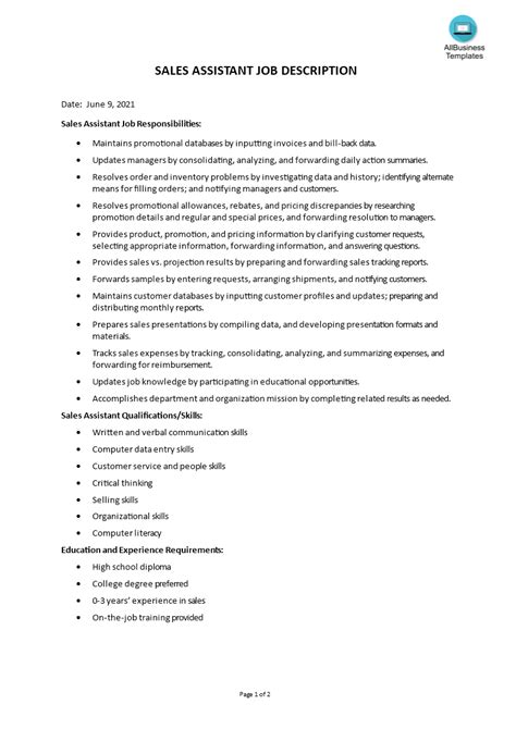 Sales Assistant Job Description Templates At