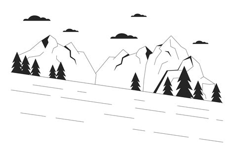 Ski slope beside mountain forest black and white cartoon flat ...