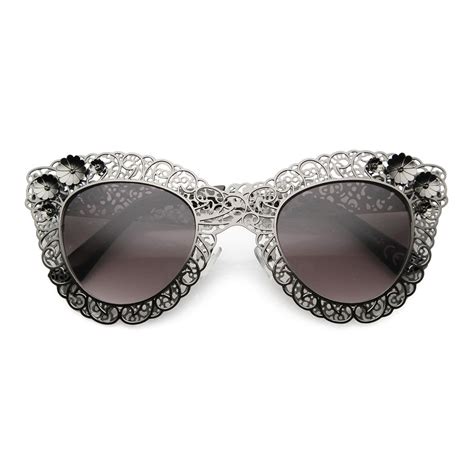 Womens High Fashion Oversized Metal Lace Ornate Cat Eye Sunglasses