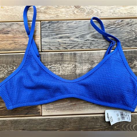 Aerie Swim See Description Aerie Crinkle Voop Binding Bikini Top Blue Ribbed Bikini Top