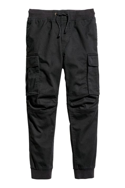 Black Cargo Pants In Soft Stretch Cotton Twill With An Elasticized Drawstring Waistband And