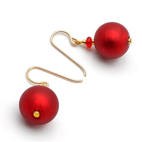 RED SATIN MURANO GLASS EARRINGS GENUINE VENICE MURANO GLASS