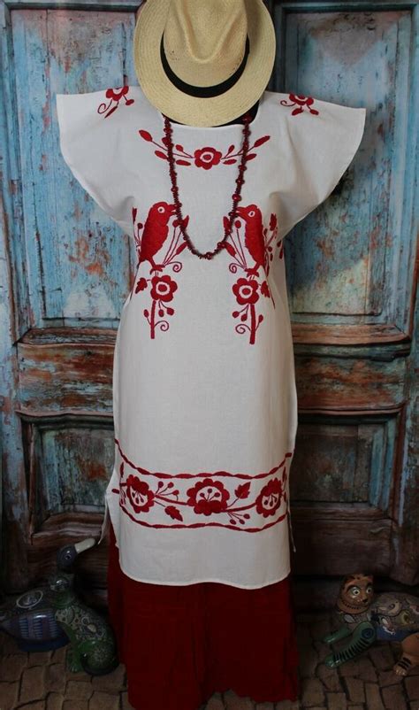 Mexican Huipil Dress Red White Hand Embroidered Birds Huautla Oaxaca