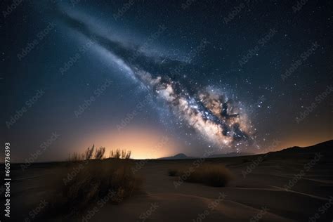 night sky over a desert with shooting stars and the milky way visible, created with generative ...