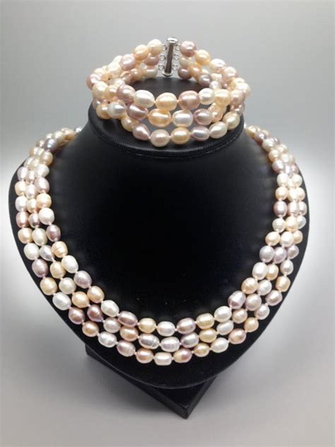 Three Row Cultured Freshwater Pearl Necklace And Bracelet Catawiki