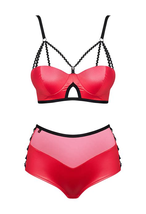 Wetlook Set mit Schnürungen rot Dessous Sets Club Hot Fashion Odretto Highheels