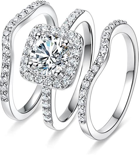 18K White Gold Plated Cubic Zirconia Three In One Halo Wedding