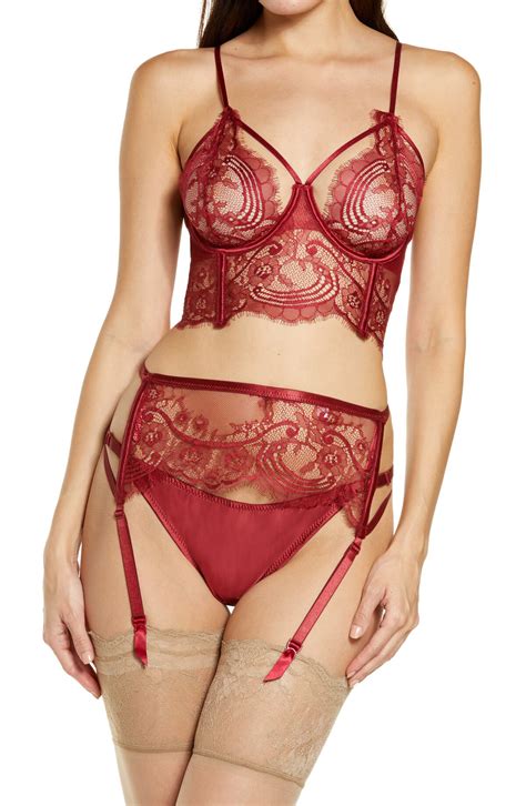 Coquette Strap Detail Lace Bra Garter Belt And Thong Merlot Editorialist