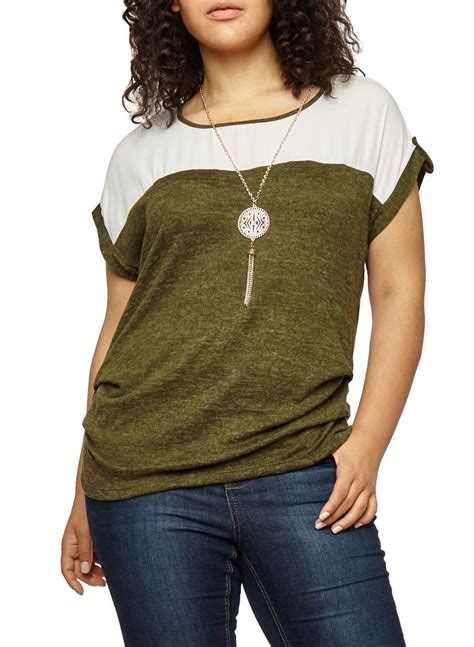 Plus Size Ruched Side Color Block Top With Necklace Olive Color Block Top Tops Fashion