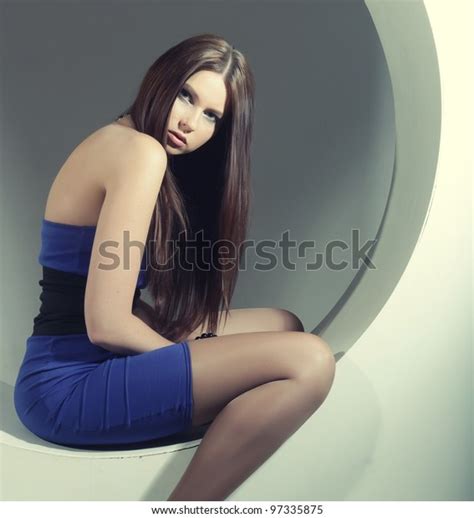 Sexy Brunette Blue Dress Sitting Circle Stock Photo Shutterstock