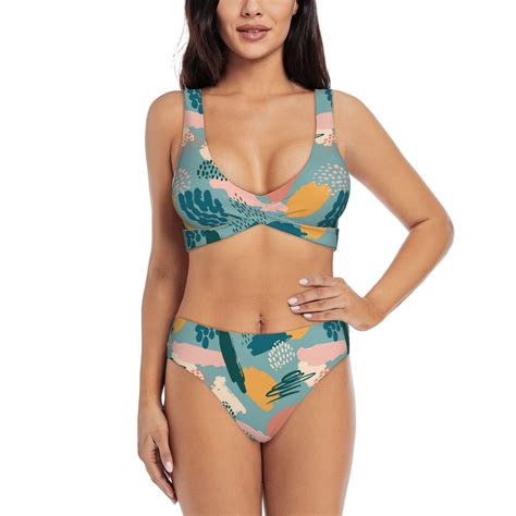 Womens Bikini Sets Two Piece Graffiti Cross Design Swimsuit High Waisted Bathing Suit For Women