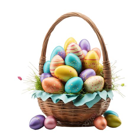 Basket With Easter Eggs And Spring Flowers On A Transparent Background