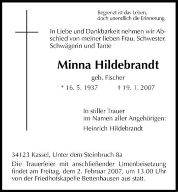 Traueranzeigen Von Minna Hildebrandt Trauer Hna De