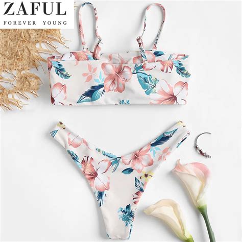 ZAFUL Bandeau Floral Print Thong High Leg Bikini Set Women Sexy