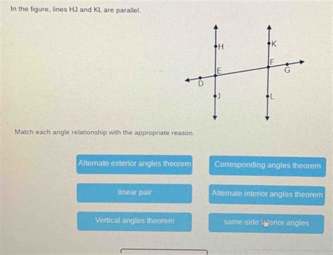 Solved In The Figure Lines Hj And Kl Are Parallel Match Each Angle