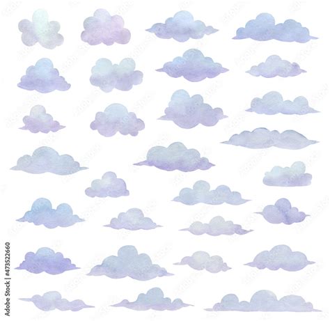 Set of watercolor clouds isolated on white, various shapes Stock ...