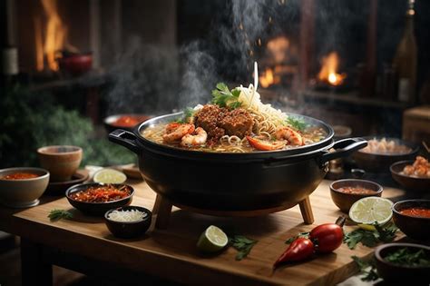 Premium Photo Noodles Spicy Boil With Seafood Shrimp Vegetable Food And Pork In Hot Pot