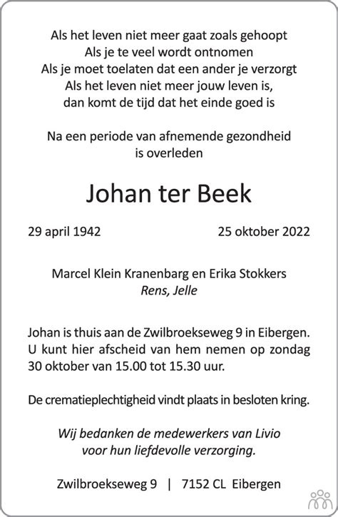 Johan Ter Beek 25 10 2022 Overlijdensbericht En Condoleances