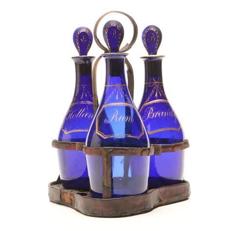 George Iii Bristol Blue Glass Decanter Set In Leather Stand Circa 1790 1800 Ebth