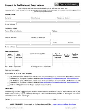 Fillable Online Examinations Curtin Edu Request For Facilitation Of