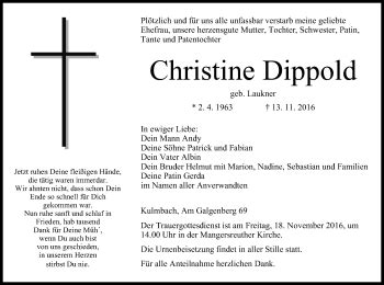 Christine Dippold Traueranzeige Trauer Infranken De