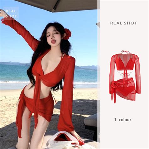 Pure Desire Red Bikini Four Piece Set For Women Hot Spring Sexy Two Piece Swimsuit For Women