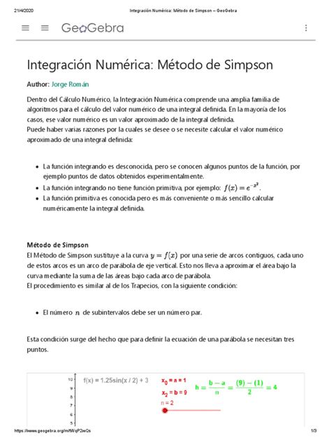 Integración Numérica Método De Simpson Geogebra Pdf Pdf