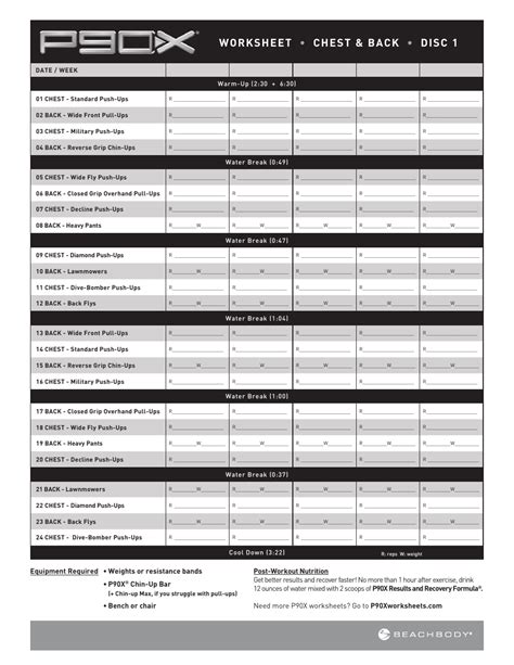 Chest and Back P90x Worksheet Download Printable PDF | Templateroller