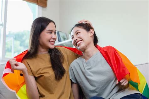 Happy Asian Girl Homosexual With Gay Flag Lesbian Couple Symbolic Expression Flag Stock Image