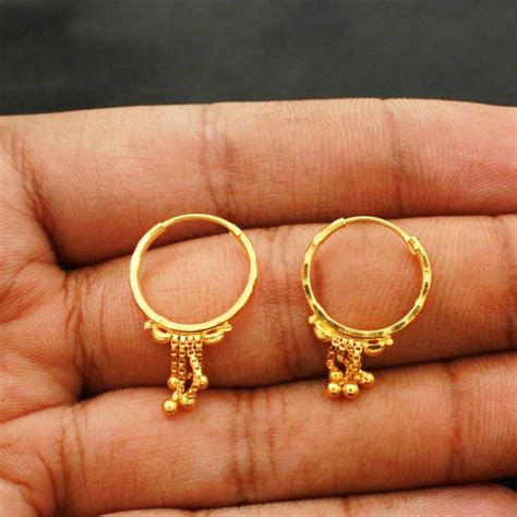 Pure 22k Yellow Gold Hoop Bali Earrings Huggies Handmade Etsy