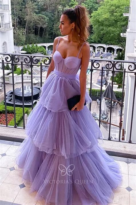 Cute Tiered Lavender Tulle Sweetheart Corset Prom Dress Vq