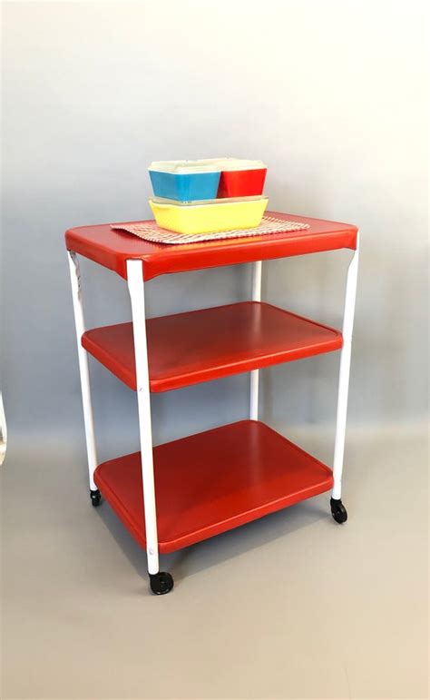 Beautiful 50s Era Metal Cart Has 3 Shelves With Wheels At The Bottom