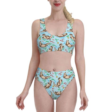Logiee Cute Otters Print Women S 2 Piece Bikini Set Halter Bathing Suit High Waisted Bikini Sets