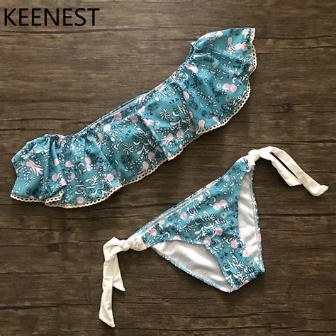 KEENEST Retro Printing Lace Bikini Swimwear Women Brazilian Bikini Lace Bathing Suit Bandage
