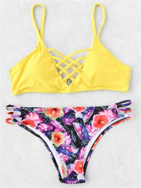 Floral Print Lattice Front Mix Match Bikini Set SheIn Sheinside