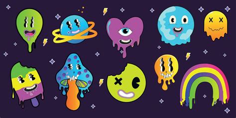 Psychedelic cartoon sticker set. Funny faces with distorted eyes and vibrant colors. Flowing ...