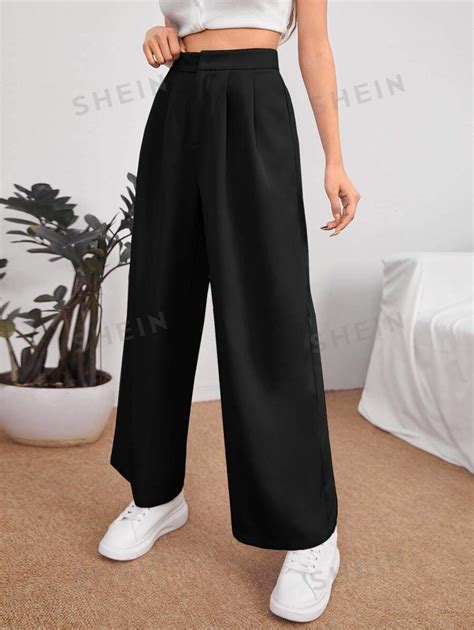 Shein Petite Pantalones De Traje Unicolor De Talle Alto Fruncido Moda