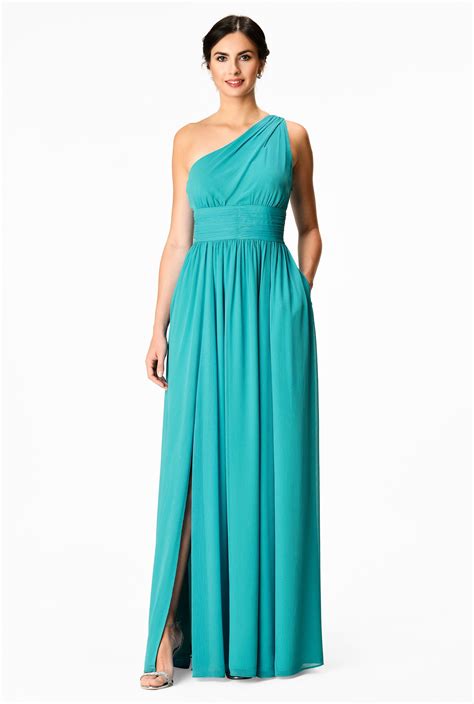 Shop One Shoulder Ruched Chiffon Maxi Dress Eshakti