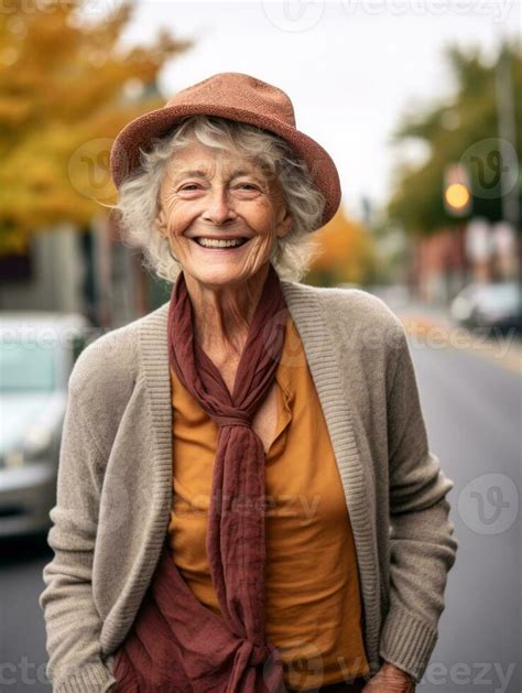 An Older Woman Is Smiling While Walking Down The Street Generative Ai