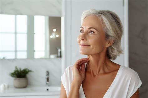 Premium AI Image Headshot Of Gorgeous Mid Age Adult 50 Years Old Blonde Woman Standing In
