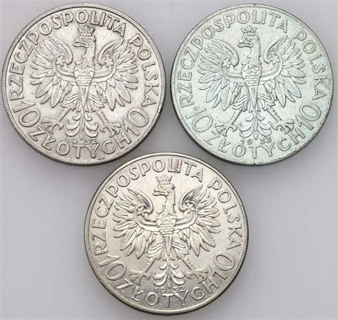 II RP 10 złotych 19321933 głowa kobiety SREBRO 3 szt archiwum