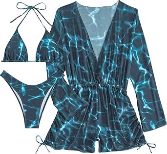 Amazon SHENHE Women S 3 Piece Swimsuit Leaf Print Halter Drawstring Side Bikini Set With