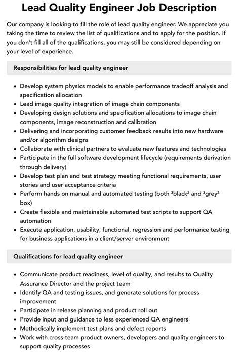 Lead Quality Engineer Job Description Velvet Jobs