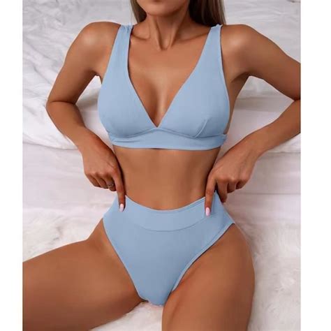 Maillot De Bain Gaomin Sexy Taille Haute Bikini Col En V Bleu