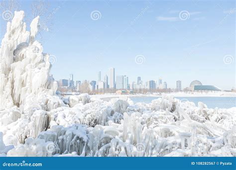 Winter Chicago Skyline With Pure Snow Scenery Stock Image Image Of