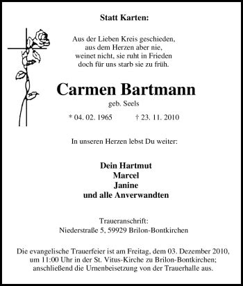 Traueranzeigen Von Carmen Bartmann Trauer In Nrw De